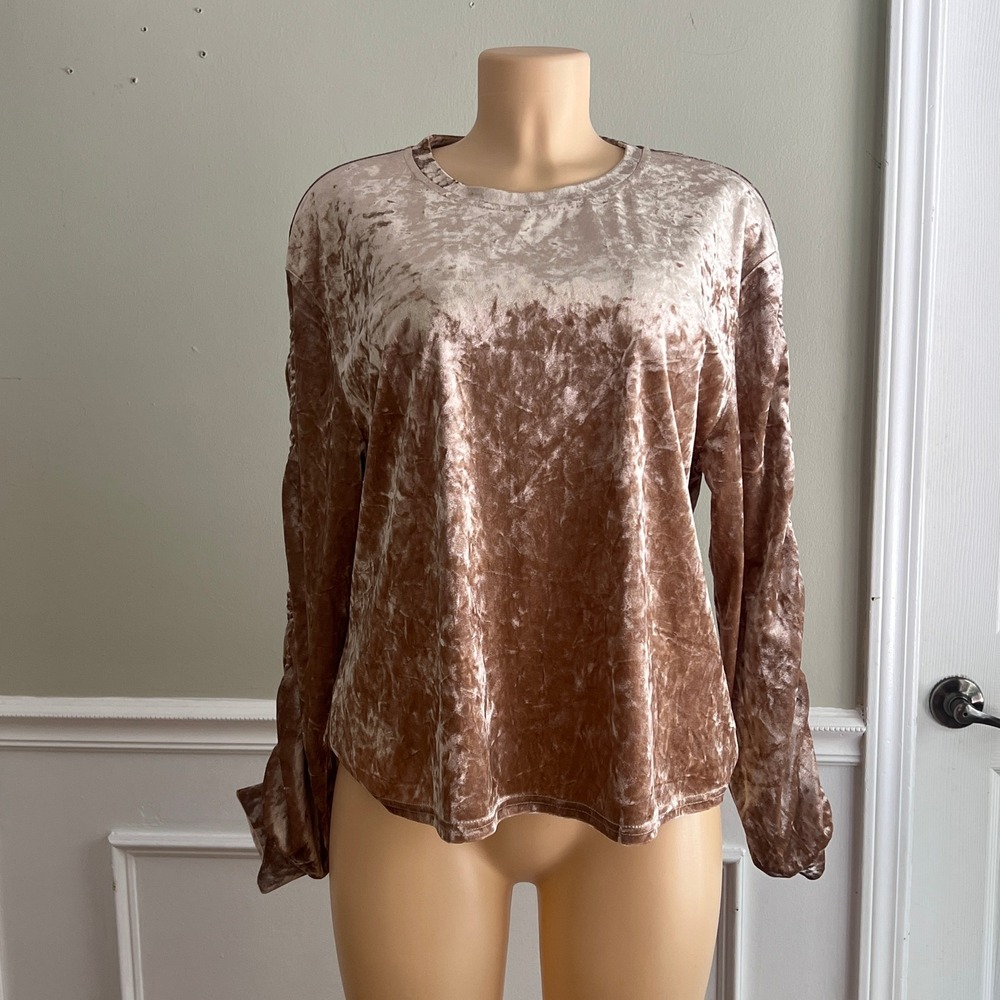 Mello Day Crushed Velvet Top Women XL Ruched Long Sleeve Brown Luxe Rainy Day